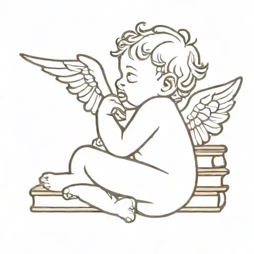 Fine Line Tattoo Of A Baby Angel Peacefully Resting On Small Stack Of Books Make It Minimalistic