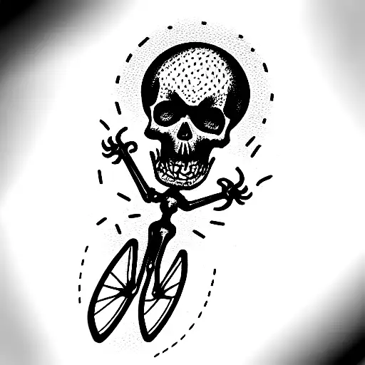 Skeleton On A Bicycle With A Metal Femur Jumping A Man Hole That Has The Grim Reaper Inside