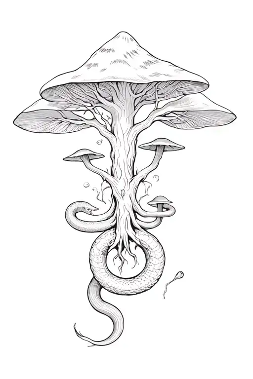 Yggdrasil With Mushroom Vines Around It And A Snake