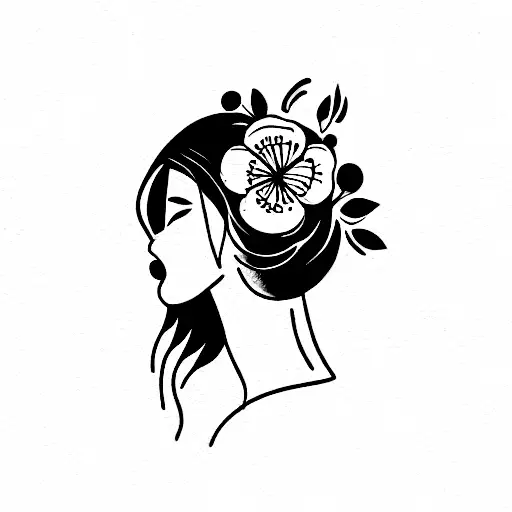 Fine Line Woman Side Face With Flower On Top