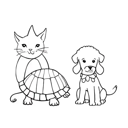 A Tortoise Cat And A Poodle Small Black Dog Minimal Tattoo Design Lines Only