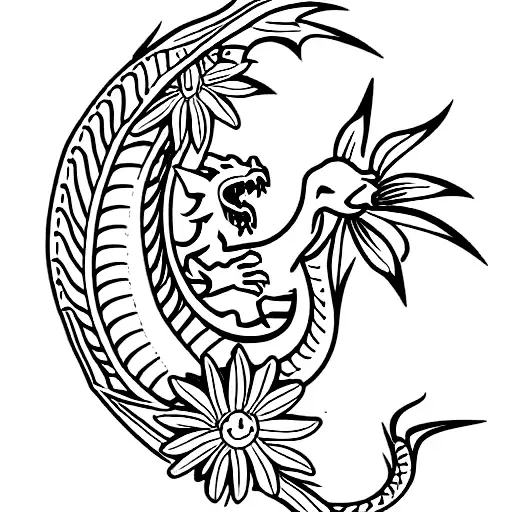 A Dragon Going Through The Flowers For A Thigh Piece