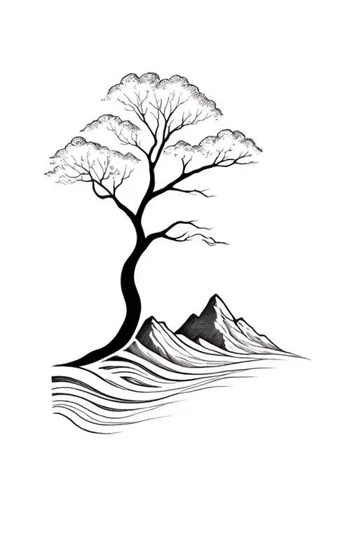 Tree Outline With Mountains And Waves