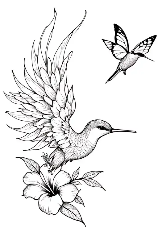 Phoenix And Hibiscus Flower Butterfly Hummingbird