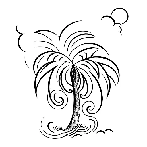A Minimalist Tattoo Of A Palm Tree With Waves Crashing Around It