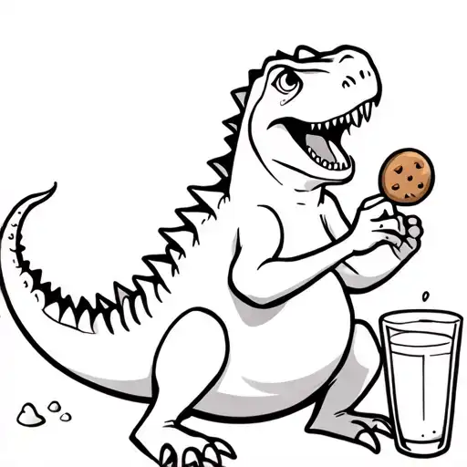 T-rex Sitting With Legs Spread Cookie In Right Hand And Spilled Glass Of Milk On Left Crying Cartoon