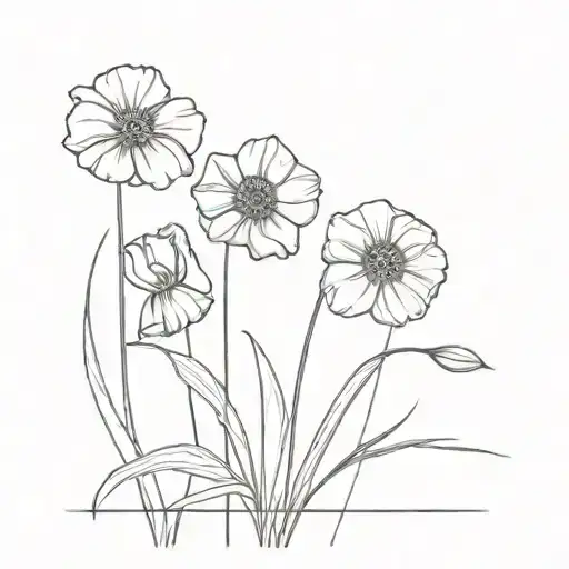 One Line Bouquet Of One Poppy Flower And Two Narcissus Flowers Small Black And White Small
