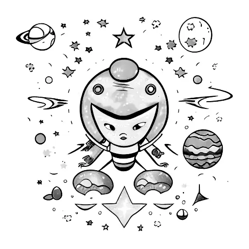 Girly Alien In Spaceship Cartoon Pastel Color's In Stars And Planets Purple Green
