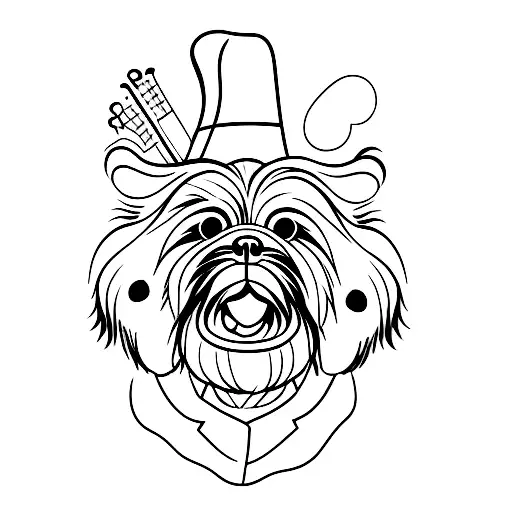 Shi Tzu Wearing A Suit Portrait With A Banjo Underneath The Portrait
