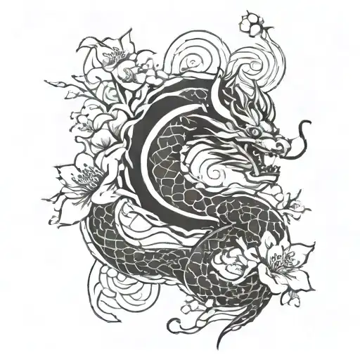 Japanese Dragon And Cherry Blossoms