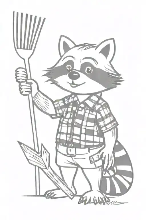Standing Raccoon Wearing Plaid Shirt Holding A Rake In Its Paws In Black And White Cartoon Style