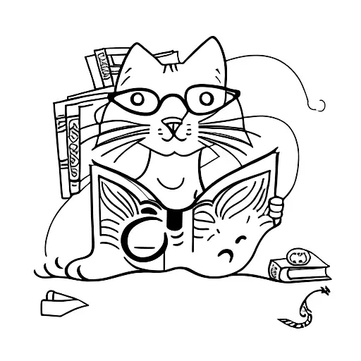 A Minimalist Tattoo Of A Cat Wearing Glasses Reading A Book On The Beach
