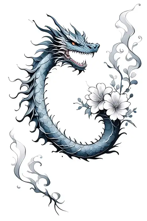 Dragon With Flowers And Smoke Swirling