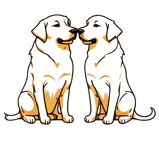 Two Golden Retrievers And Cat Sitting Side By Side