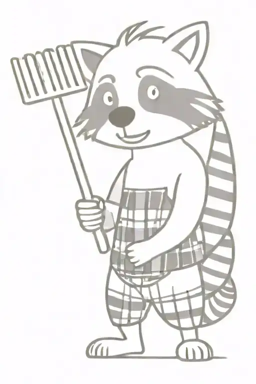 Standing Raccoon Wearing Plaid Shirt Holding A Rake In Its Paws In Black And White Cartoon Style
