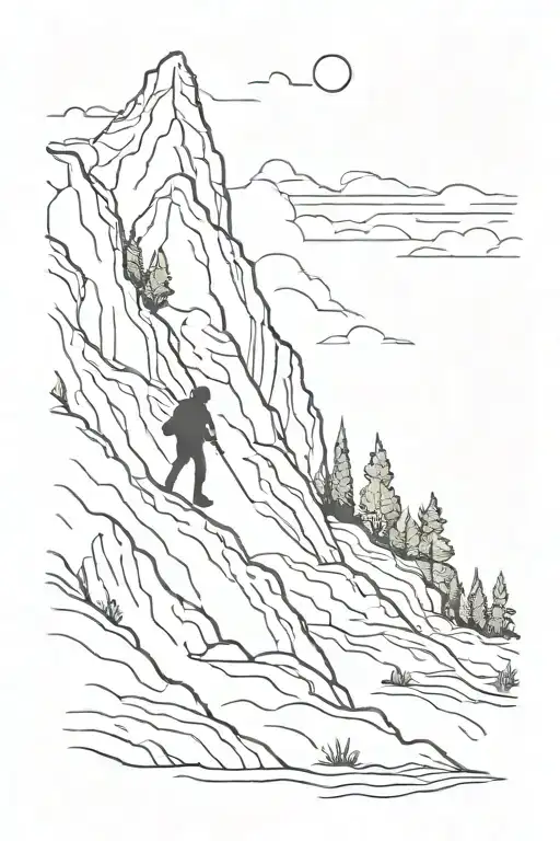A Minimalist Design Of A Silhouette Of A Person Hiking Up A Mountain With A Dog By Their Side