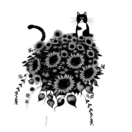 Cat With Sunflowers And Roses