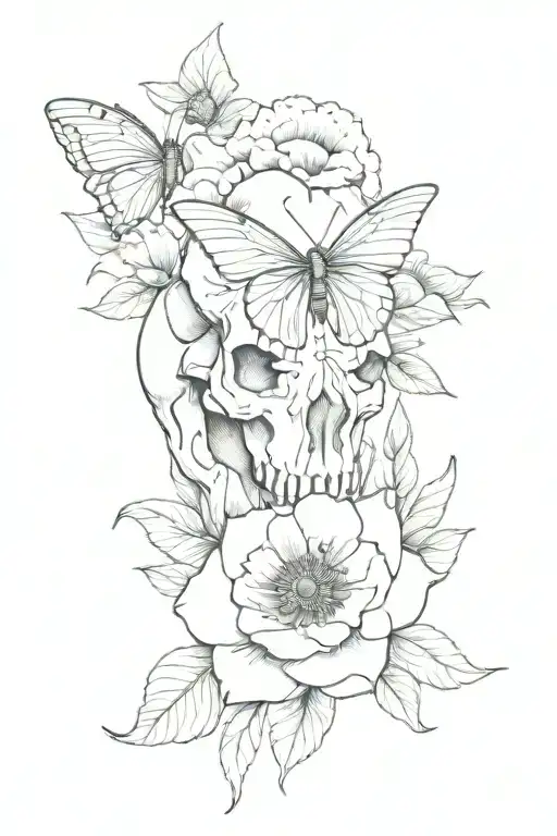 1 Line Tattoo Of Bull Skull With Poppys And Butterfly