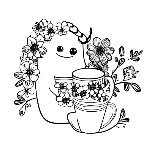 A Cute Monster Holding A Coffee Mug With Azalea Flowers Floating Inside