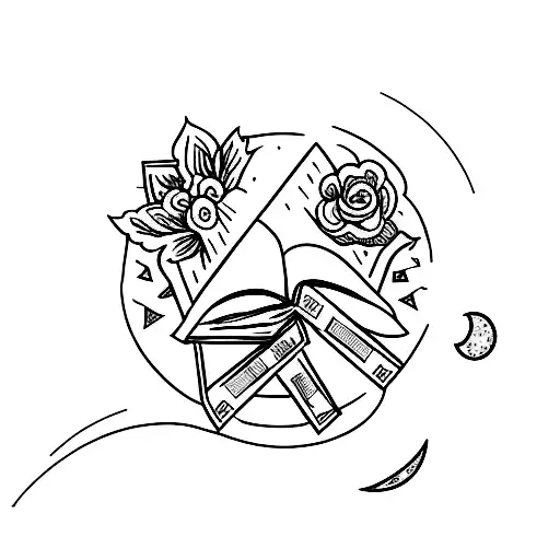 Dagger With Flowers And Books Surrounding And A Small Moon
