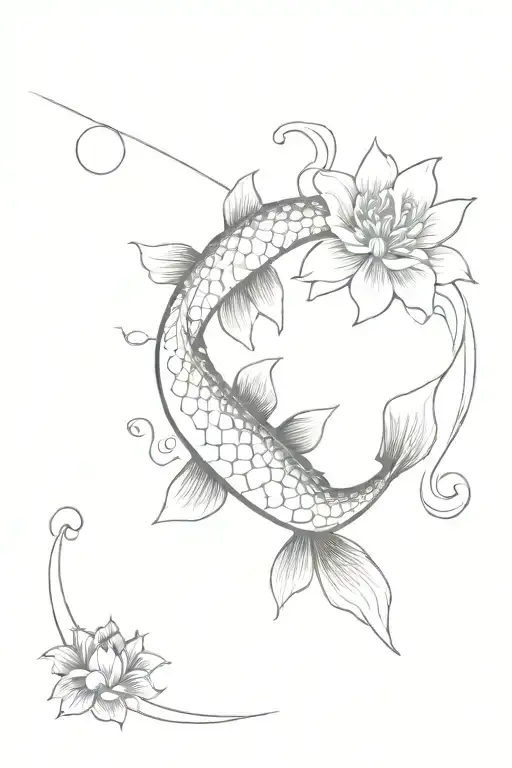 Koi Fish Swimming Together With Sun And Moon And The Back A Infernal Flower