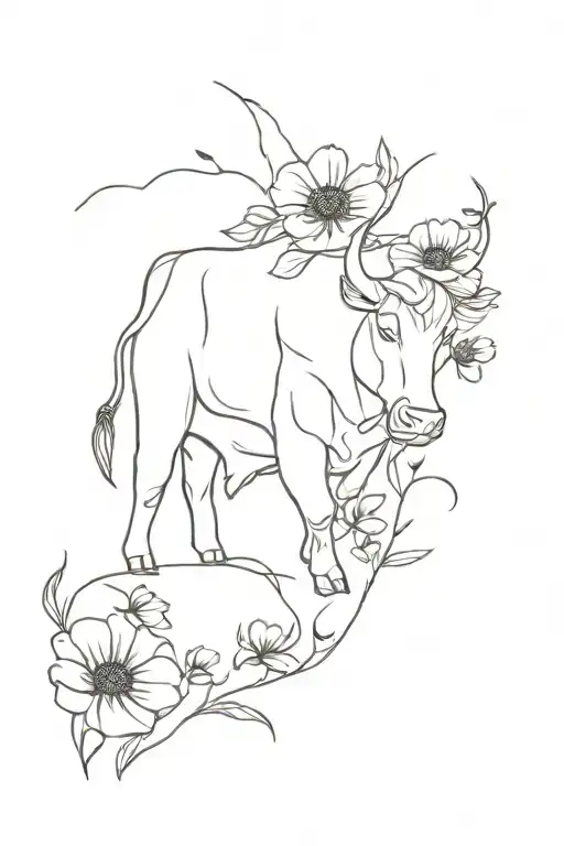 1 Line Tattoonof Bull With Poppys And Butterfly