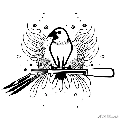 A Minimalist Tattoo Of A Crow Holding A Paintbrush In Its Beak
