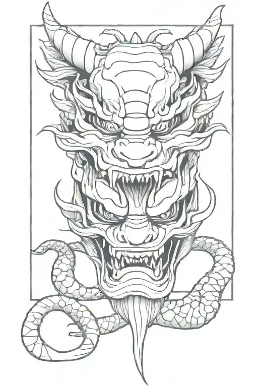 Traditional Japanese Dragon Wrapped Around Oni Mask