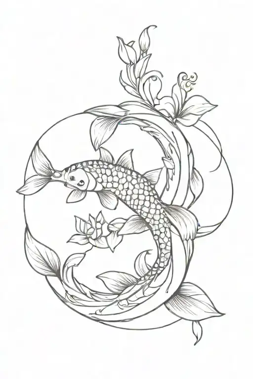 Koi Fish With Honeysuckle And Violet Flower Intertwined