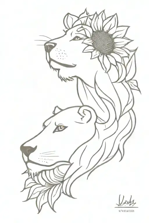 Lion Face With A White Doge And Sunflower