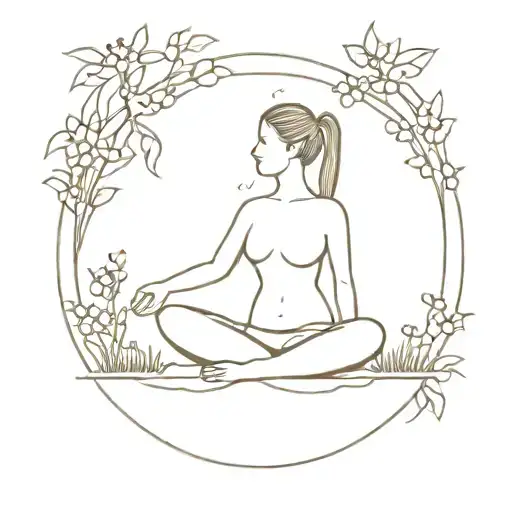 A Minimalist Design Of A Person In A Yoga Pose Surrounded By Nature Elements Like Trees And Flowers