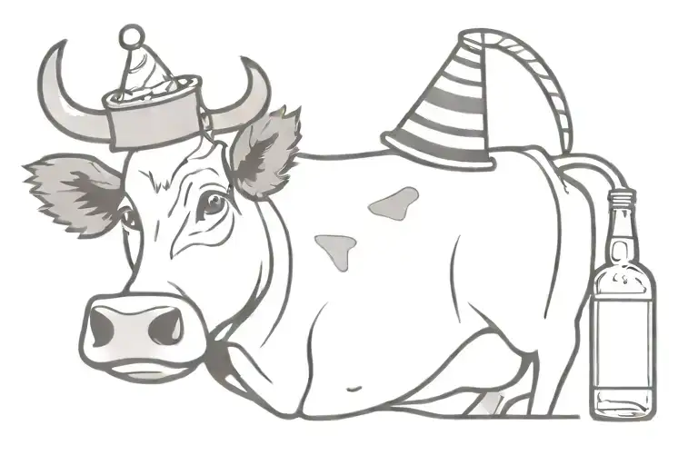 Black And White Cow With A Party Hat And A Bottle Of Rum