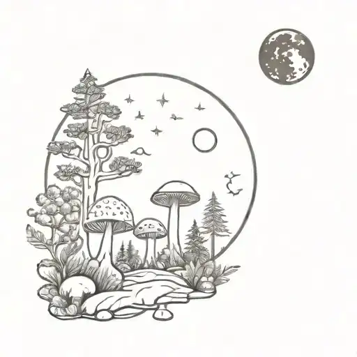 Forest With Mushrooms And Moon Surrounded