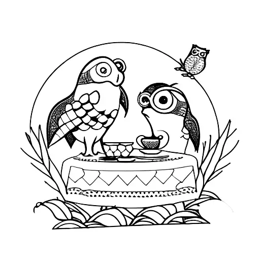 A Whimsical Scene Of A Turtle And Owl Having A Tea Party