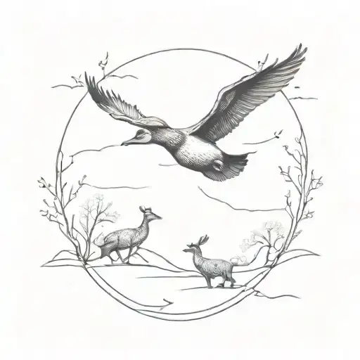 Ducks Flying Above Deer