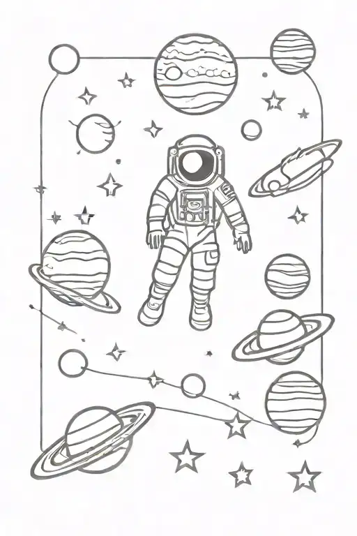 Simple Astronaut Floating With 3 Planets And Stars Orbiting