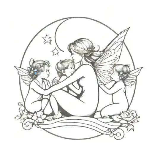 Fairy With 3 Kids In A Moon