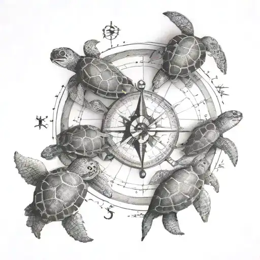 Nautical Compass With 4 Sea Turtles