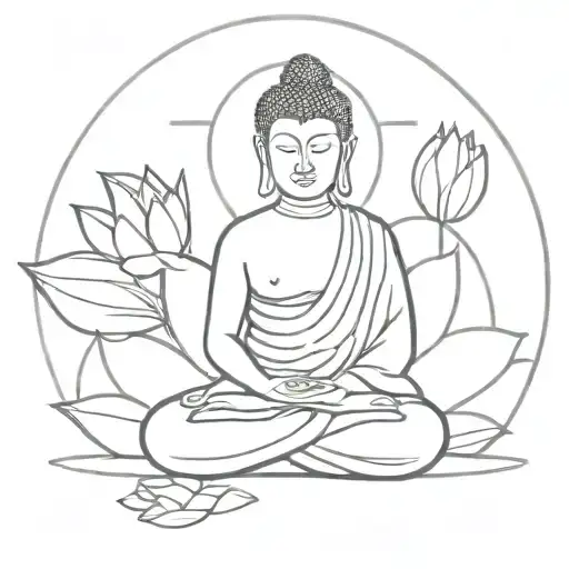 Buddha Mediating Sitting On Lotus Line Art