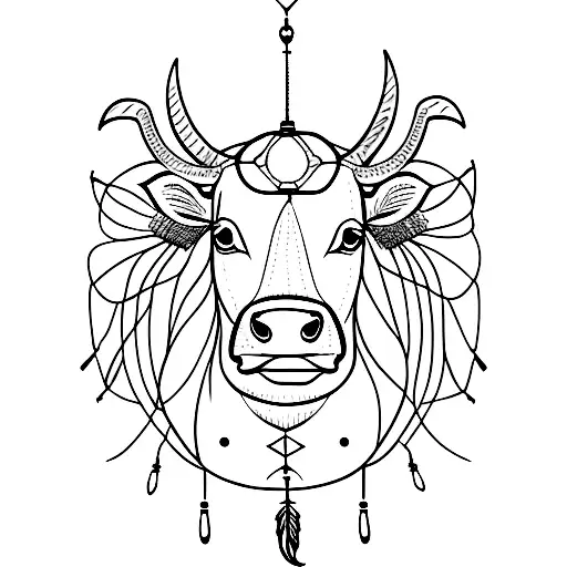 A Minimalist Tattoo Of A Cow With A Dream Catcher Hanging From Its Horns