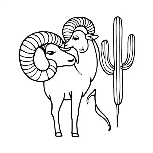 Wise Ram In An Embrace With Cactus