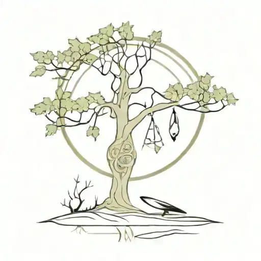 A Peaceful Forest Scene With A Celtic Tree Of Life And Surfboards Leaning Against It