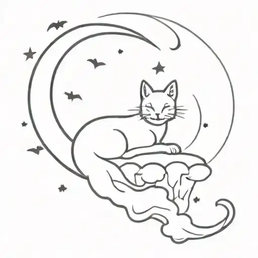 Cat In A Crescent Moon With Clouds And Bats