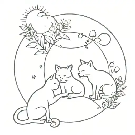 3 Cats Playing With Flowers Under Moon Phases