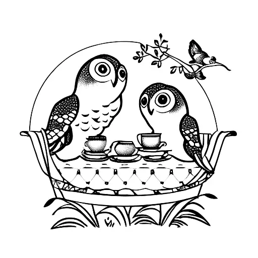 A Whimsical Scene Of A Turtle And Owl Having A Tea Party