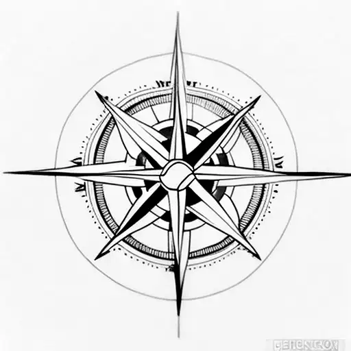A Minimalist Tattoo Of A Compass Needle Pointing Towards The Word 'Karma'