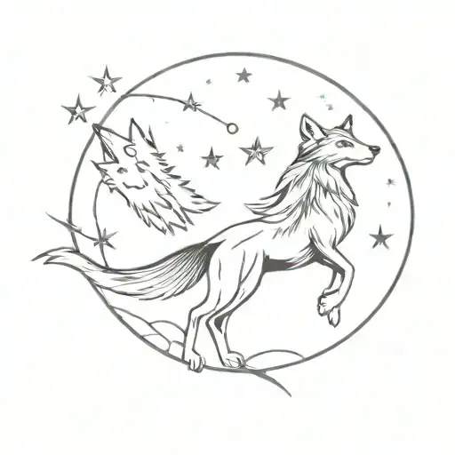 Shooting Star With A Wolf And A Girl