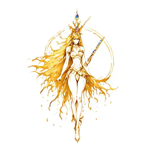 A Female Mystical Samurai Being With A Body Made Of Melted Gold And Adorned With Precious Crystals