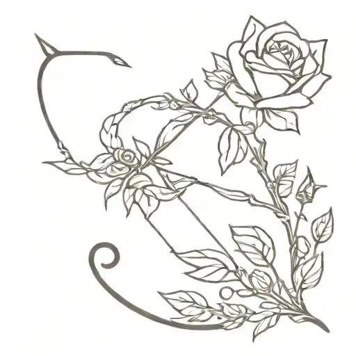 Tattoo Of A Bow And Arrow Covered In Ivy With A Rose And A Carnation