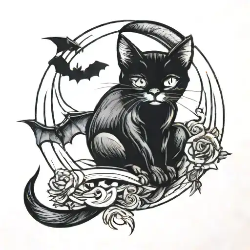Cat In Crescent Moon With Bats